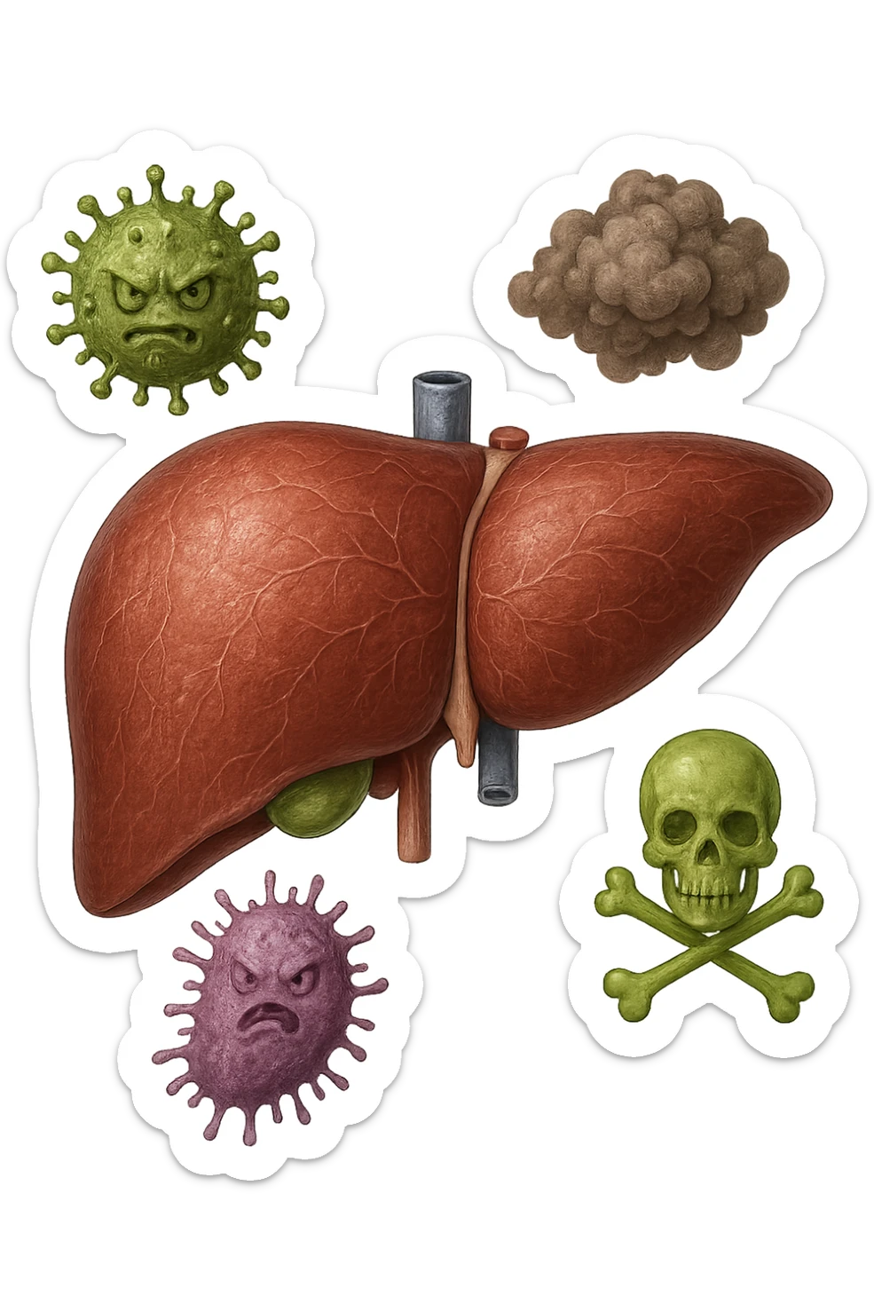 fegato umano anatomico con tossine che gli fluttuano intorno sticker