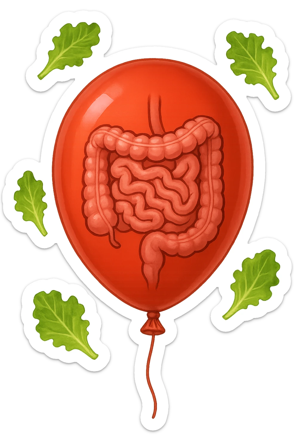 intestino chiuso in un palloncino rosso e foglie di insalata che fluttuano intorno sticker