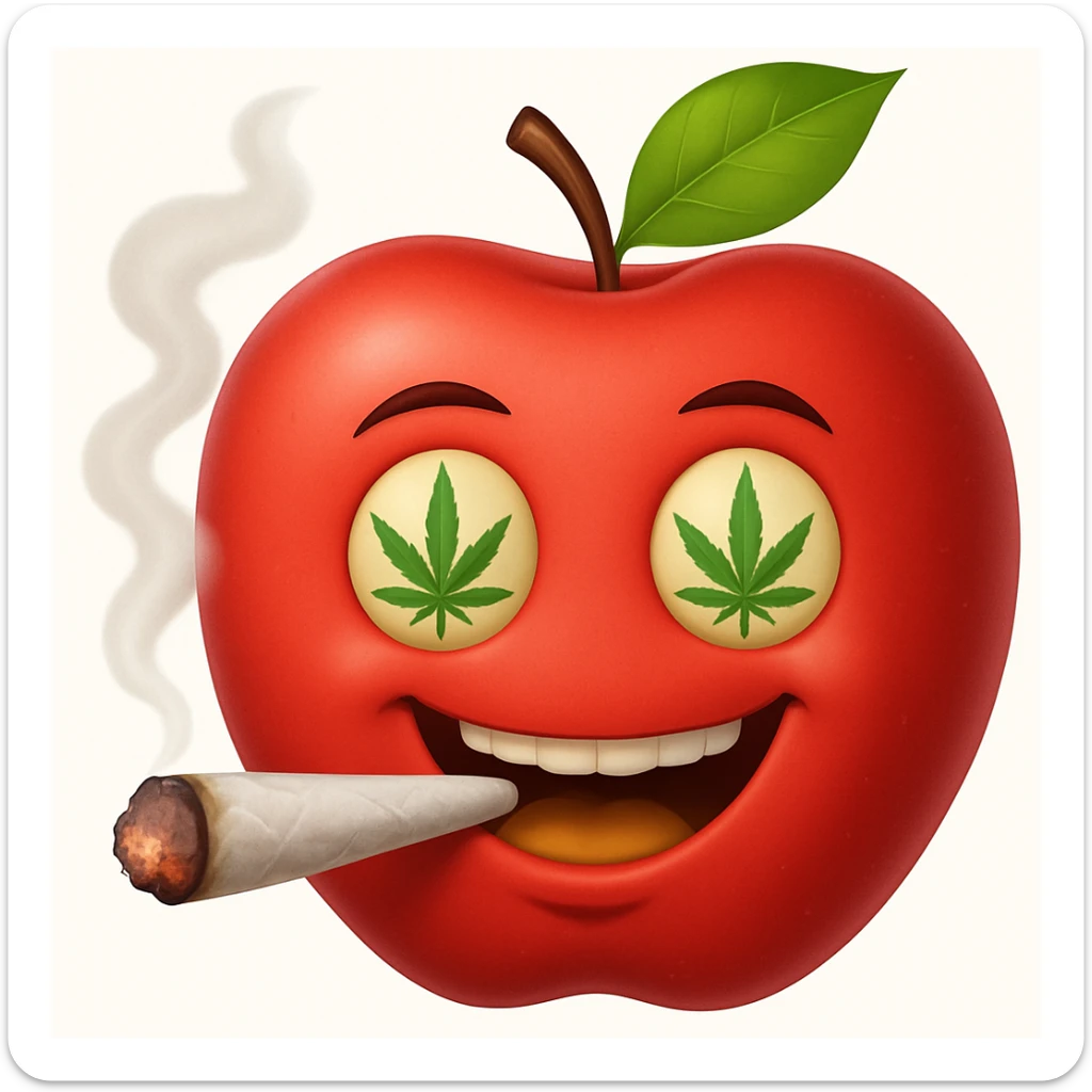 Add a cartoon joint with smoke to the smiley face made of apples as eyes and a banana as the mouth. Make it look like the face is smoking weed, keep the emoji style. sticker