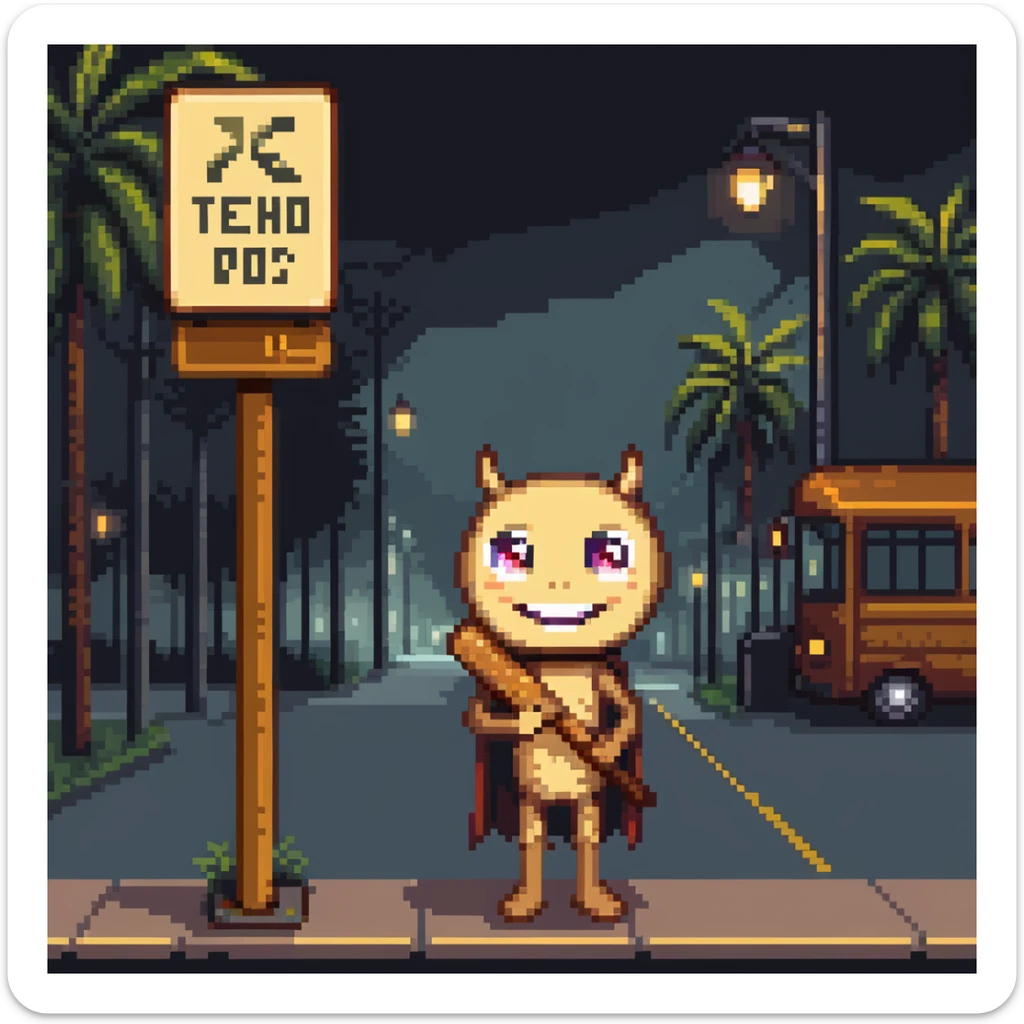 humanoid wooden club with big cartoon eyes and wide smile, barefoot, standing at a dark street bus stop under dim streetlight, holding a bat, background sign 'Pentung Pos Ronda' sticker