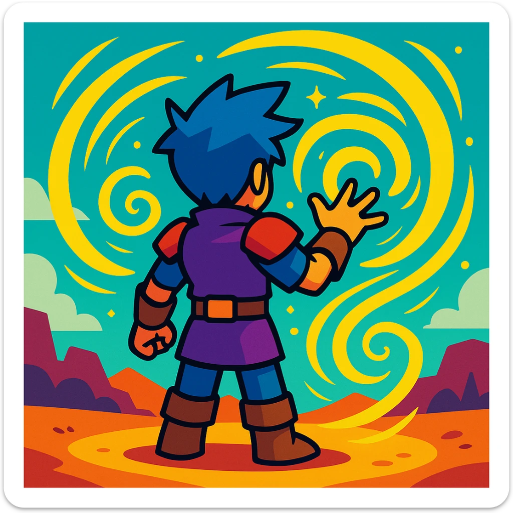 avatar in an MMO game, back view, yellow magical swirls, stylized illustration sticker