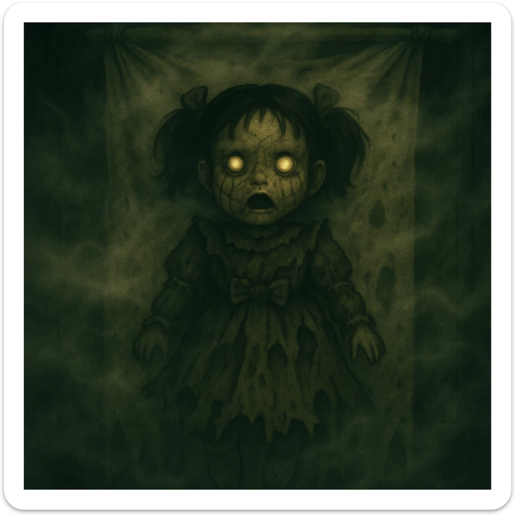 Add thick fog and swirling mist throughout the scene to enhance the creepy atmosphere, keep all other details unchanged. sticker