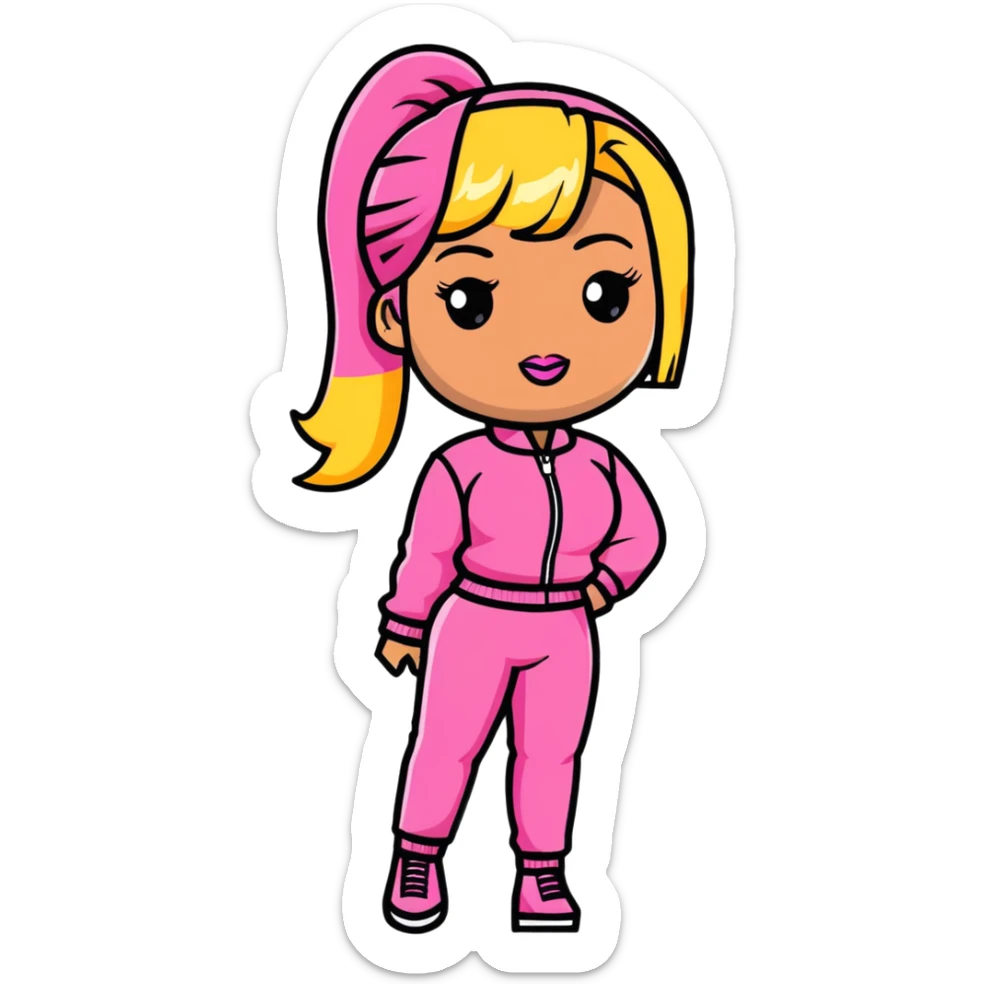 Nicki Minaj wearing a pink outfit with blonde and pink hair sticker