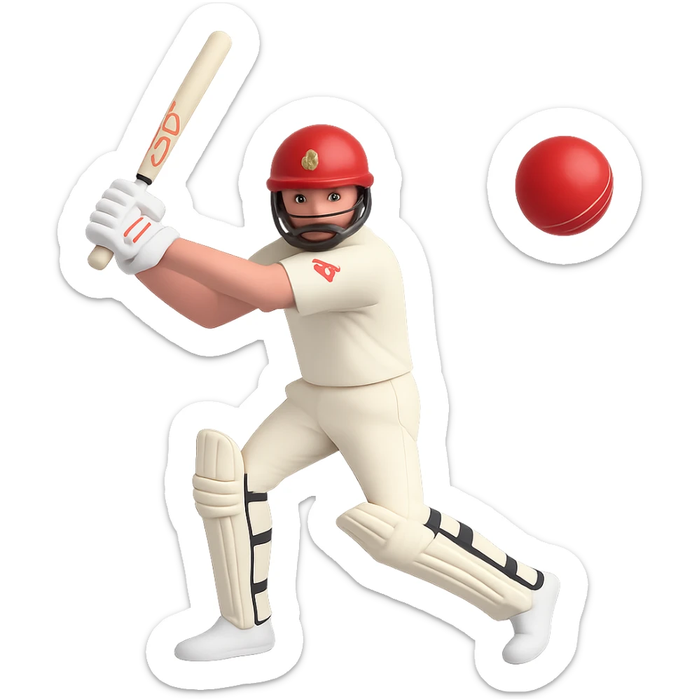 Include a cricket ball in the scene positioned as if about to be hit in 3D emoji style with no background, matching the existing 3D emoji style of the image. sticker