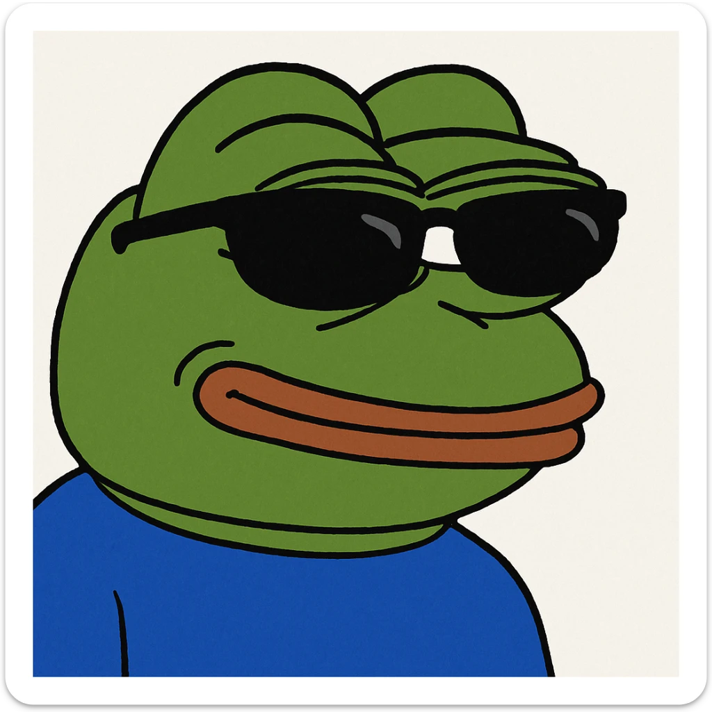 Pepe the Frog wearing sunglasses, looking cool, meme style, green skin, blue shirt sticker