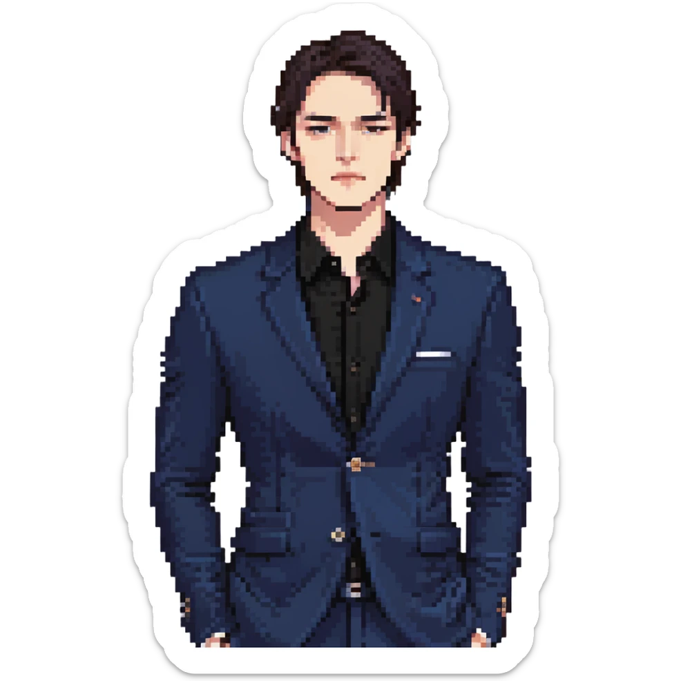 Flat pixel art, focused and reserved male thinker, fair skin, short sleek dark hair, intense sharp eyes, wearing a deep indigo suit jacket over a black shirt, left hand thoughtfully touching chin, waist-up, front-facing sticker