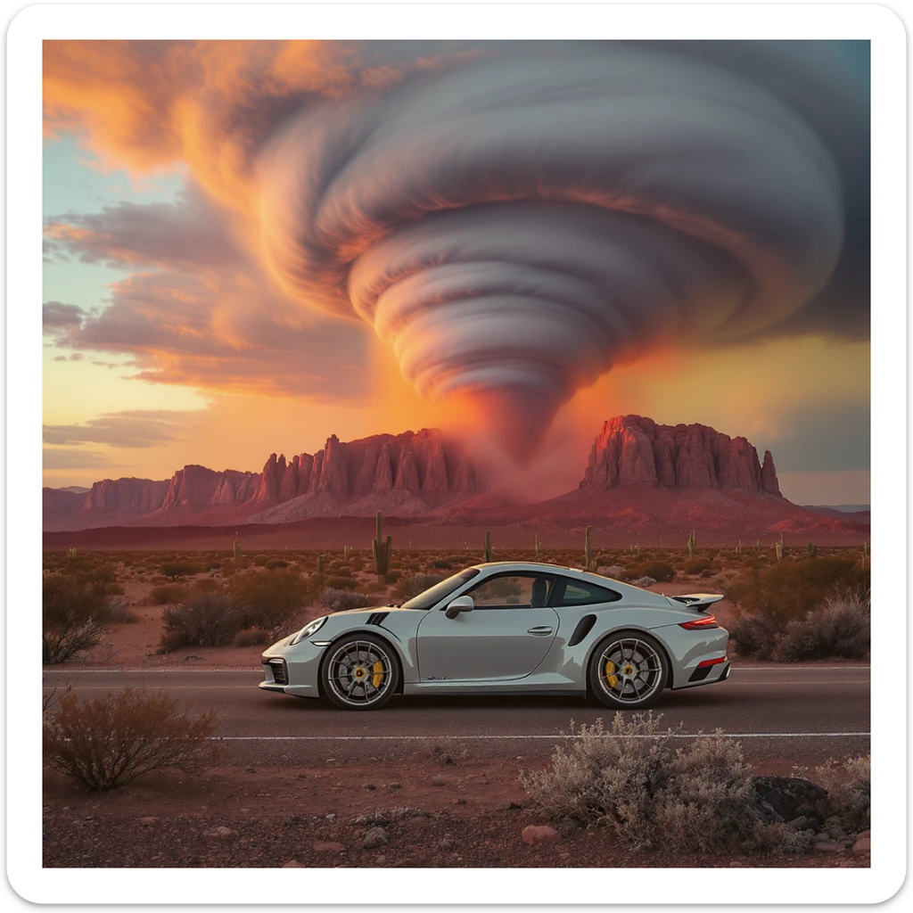 A modern desert mountain, wallpaper, modern, porsche 911, sunset, arizona desert, tornado in background sticker