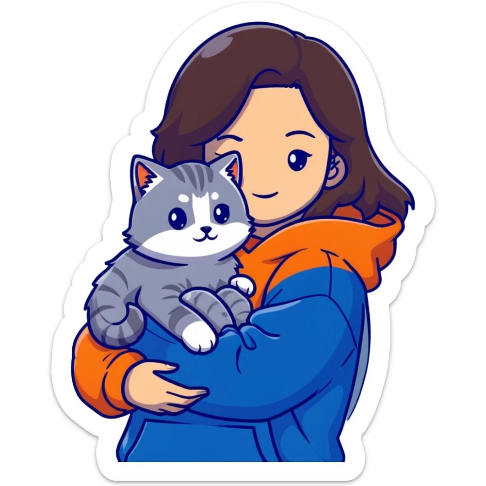 Brunette girl with dark blue sweatshirt cuddling a fluffy grey Siberian cat, detailed illustration sticker