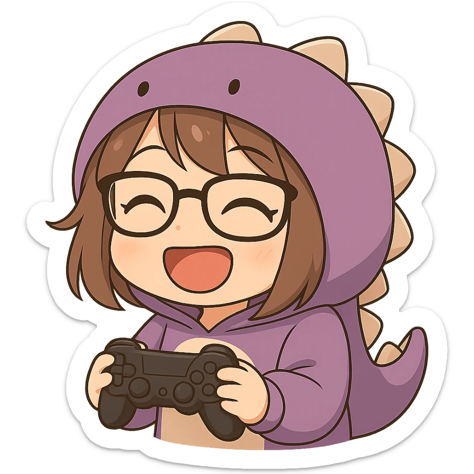 Chibi anime style gamer girl with glasses, brown hair, dark purple eyes, wearing a purple dinosaur costume, making a happy emote, no background, same style as reference. sticker