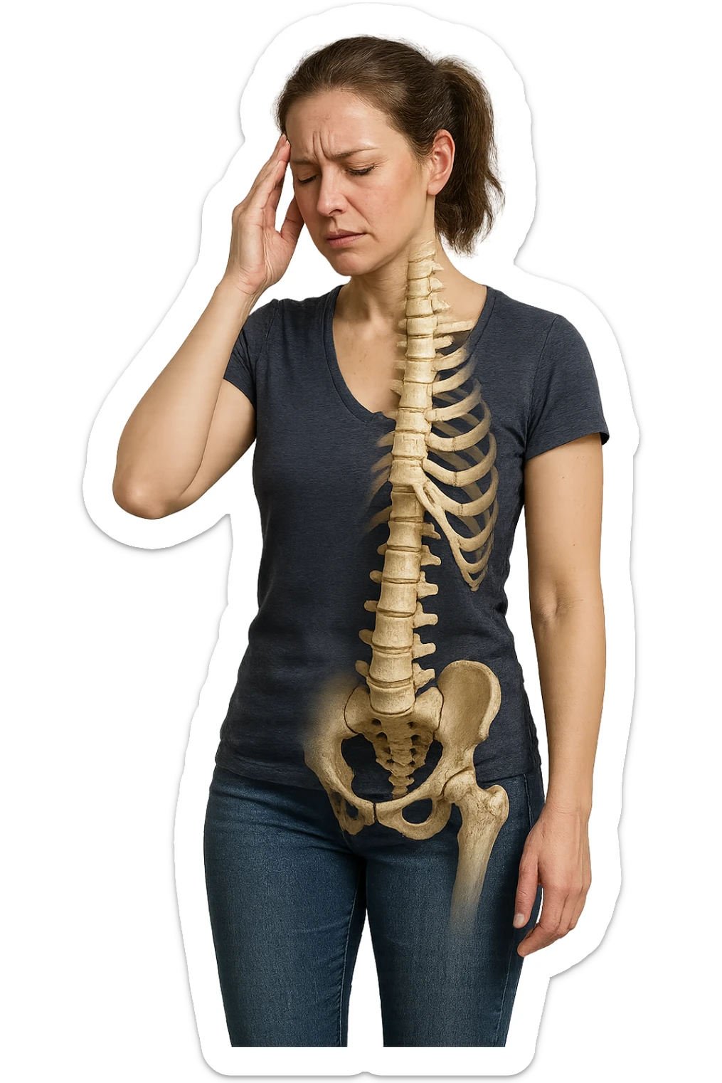 donna stanca a figura intera che si tiene una mano sulla tempia con spina dorsale anatomica visibile, iperrealistico 4k sticker