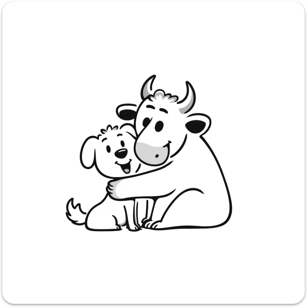 goofy drawing of a bull with a single horn in the middle of its head hugging a dog, hand-drawn doodle style sticker
