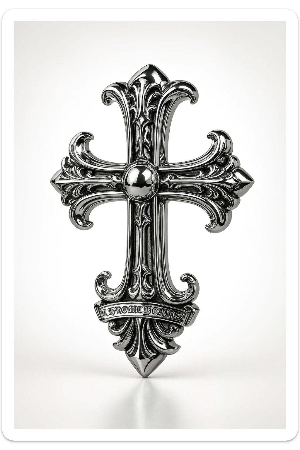 Chrome Hearts style cross, metallic finish, gothic baroque details, luxury jewelry, dramatic lighting sticker