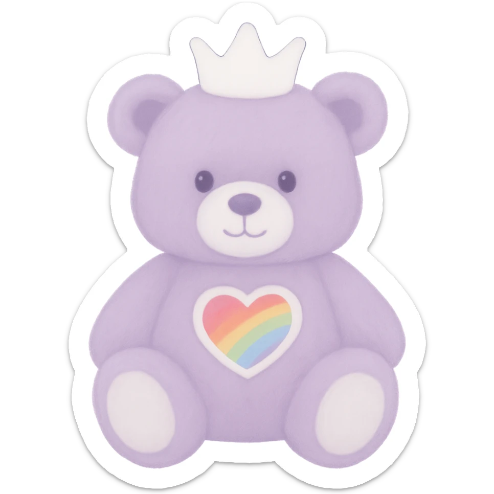 Change the crown to white on the purple and white teddy bear with a heart-shaped rainbow patch. Keep it soft and plush with no shadows and flat lighting. Remove the background. sticker