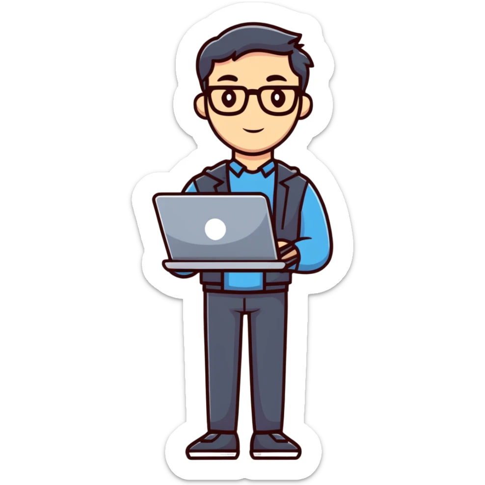 full body male teacher with attractive handsome face in casual clothes holding a laptop sticker