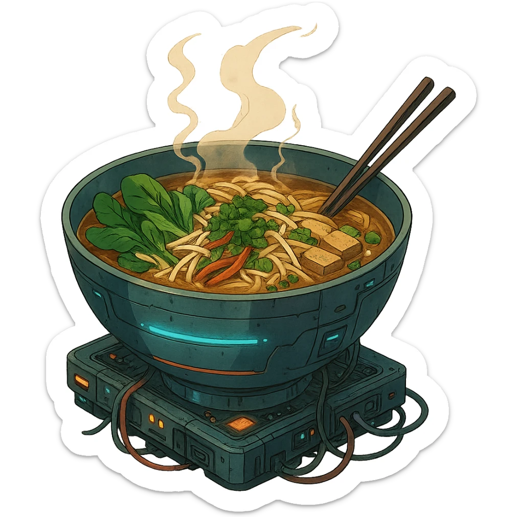cyberpunk futuristic, scifi, a bowl of delicious VEGAN pho, ramen, piping hot sticker