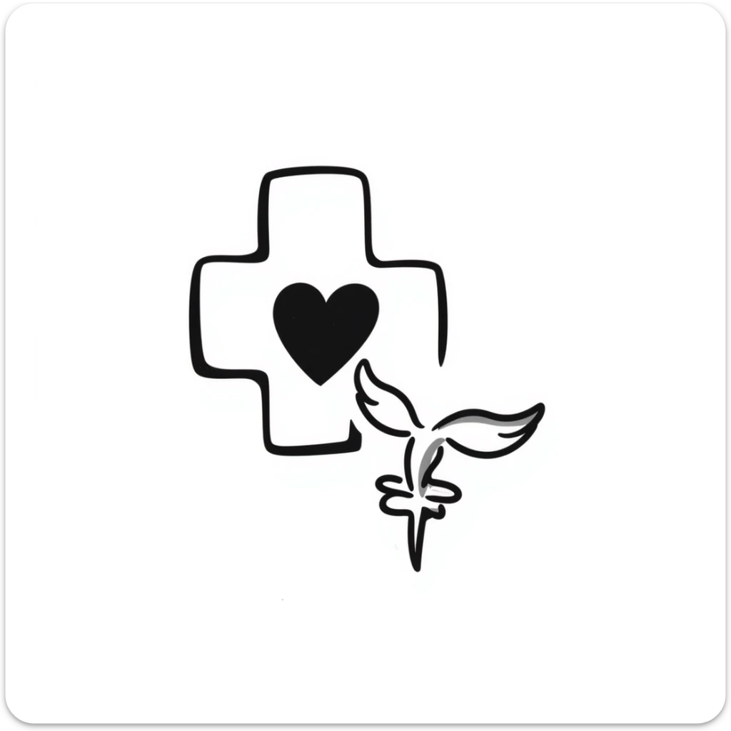 Hand-drawn sexual health clinic symbol with medical cross and heart icon sticker