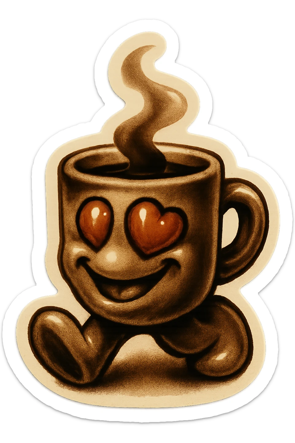 Ink wash style, coffee cup creature, big heart eyes, dopey smile sticker