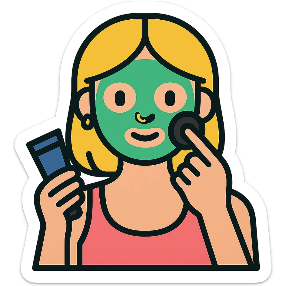 Add a skincare facial mask on the blonde woman with a nose piercing, keep the color outline style, transparent background. sticker