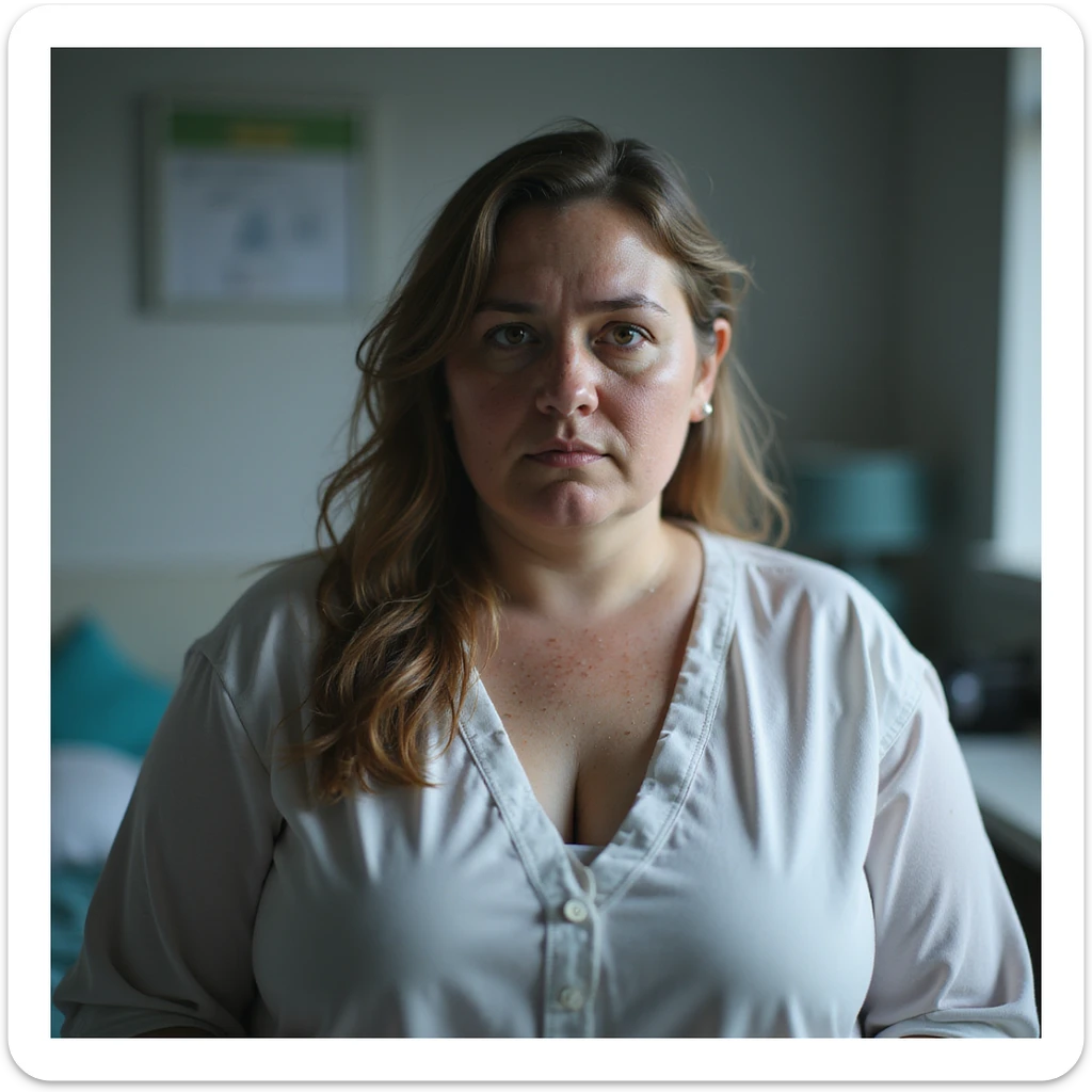 realistic woman with PCOS, slightly overweight body, skin with acne, thin hair, serious expression, hyperrealistic 4K details, clinical environment sticker