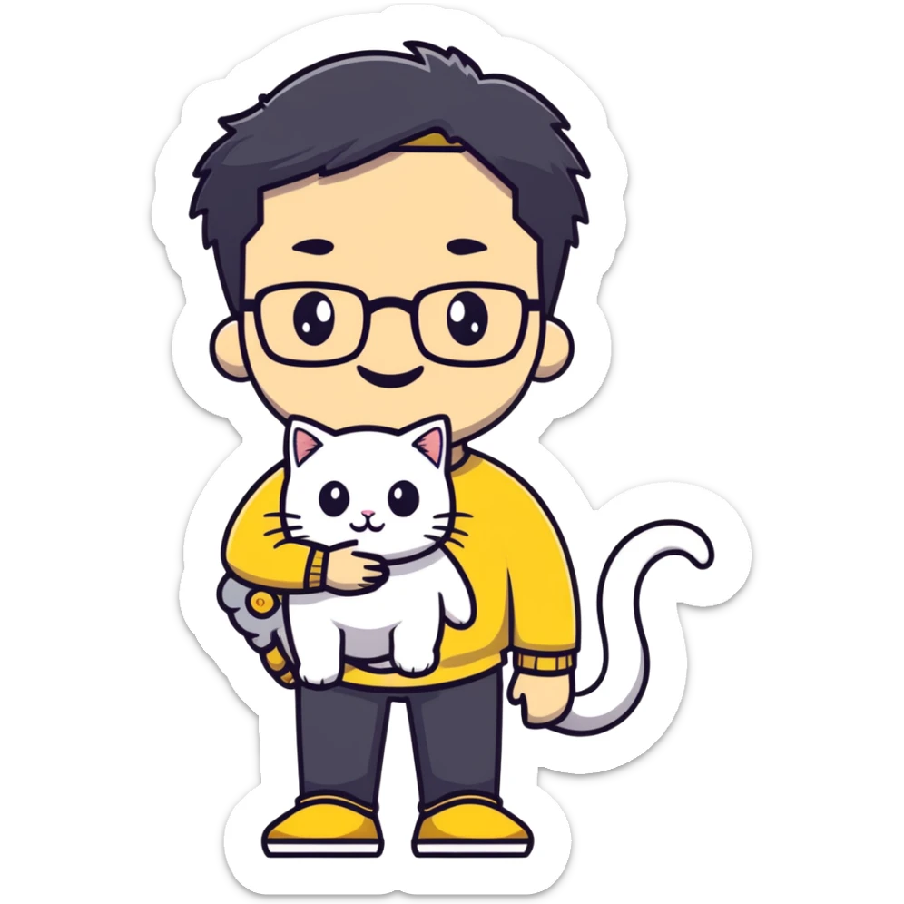 Young man with warm yellow-toned skin, long face, black back-length hair, large eyes, thin-rimmed square glasses, smiling gently while holding a grayish-white Munchkin cat with short legs and a gray patch under its mouth sticker