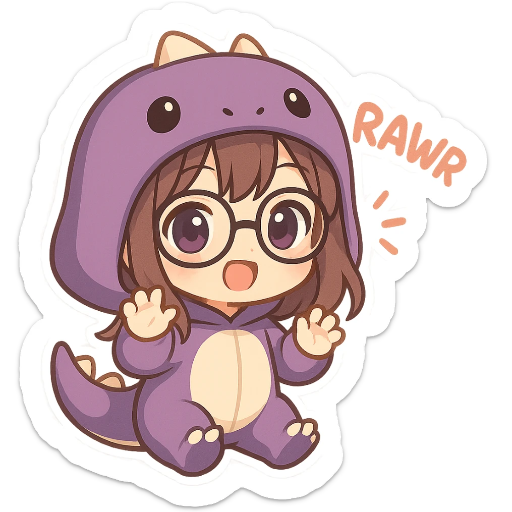 chibi anime style girl with glasses, brown hair, dark purple eyes, wearing a purple dinosaur costume, saying 'rawr' in a cute playful way sticker