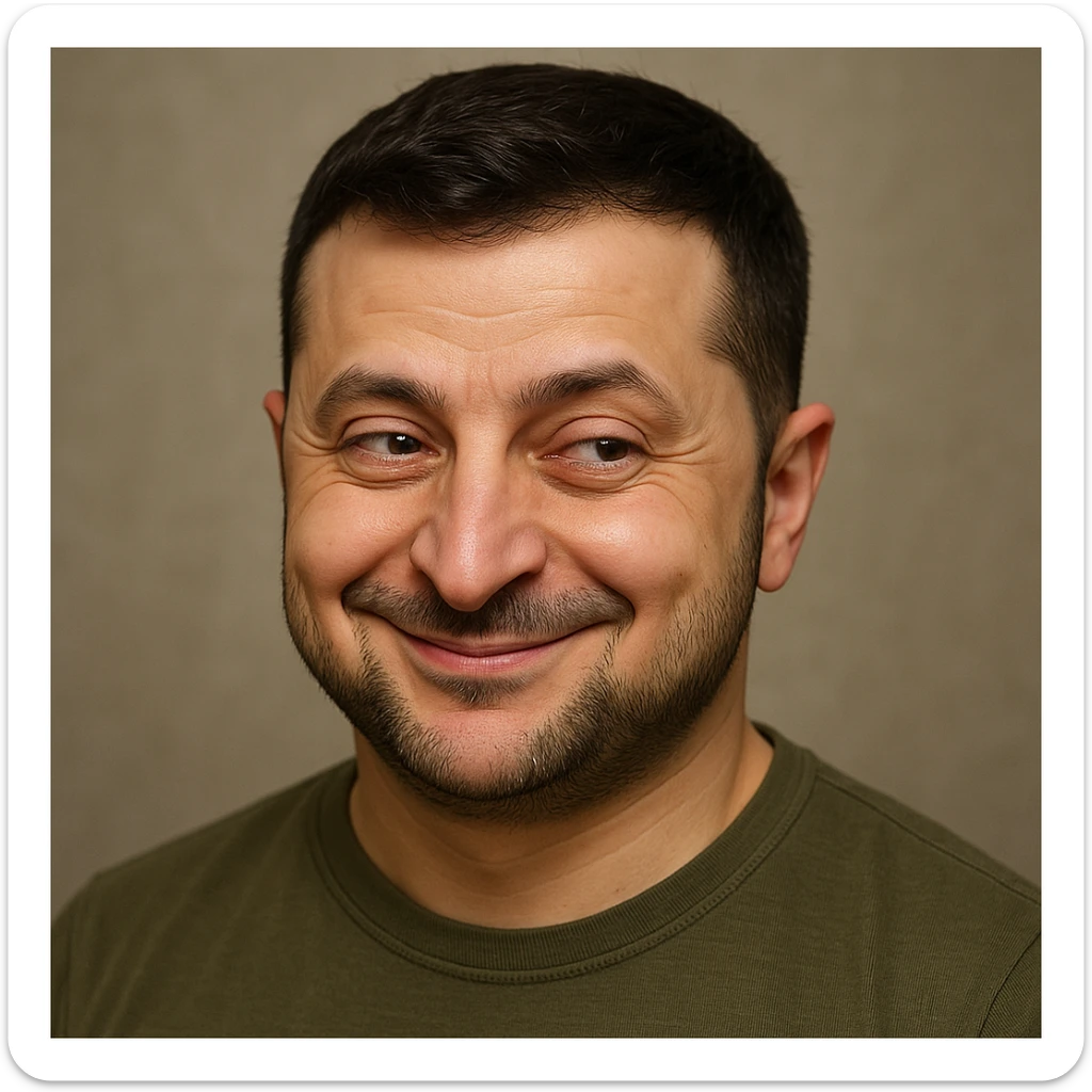 Vladimir Zelensky, photorealistic, emoji style, sly smirk, mischievous eyes sticker