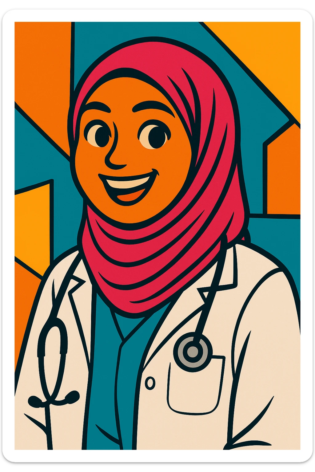 Make the hijabi a doctor in a vibrant cartoon style, smiling and friendly. sticker