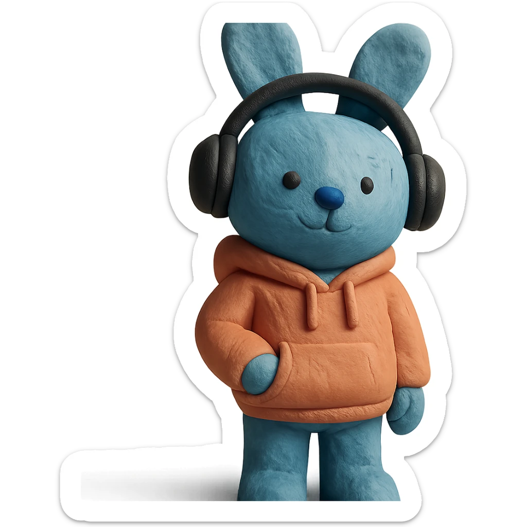 blue bunny in hoodie, one paw in pocket, headphones on, claymation style sticker