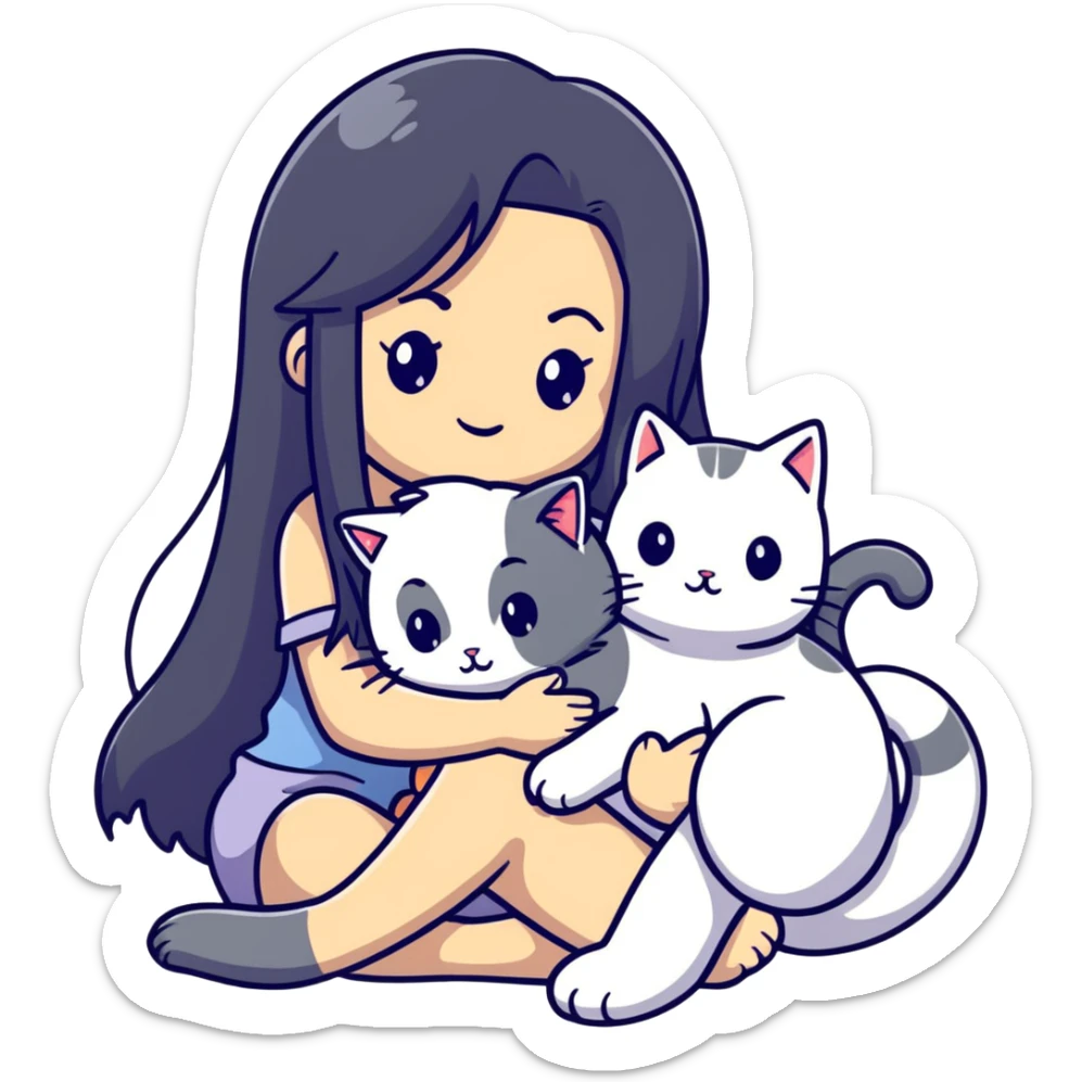 Beautiful girl with long black hair cuddling a gray and blonde cat sticker
