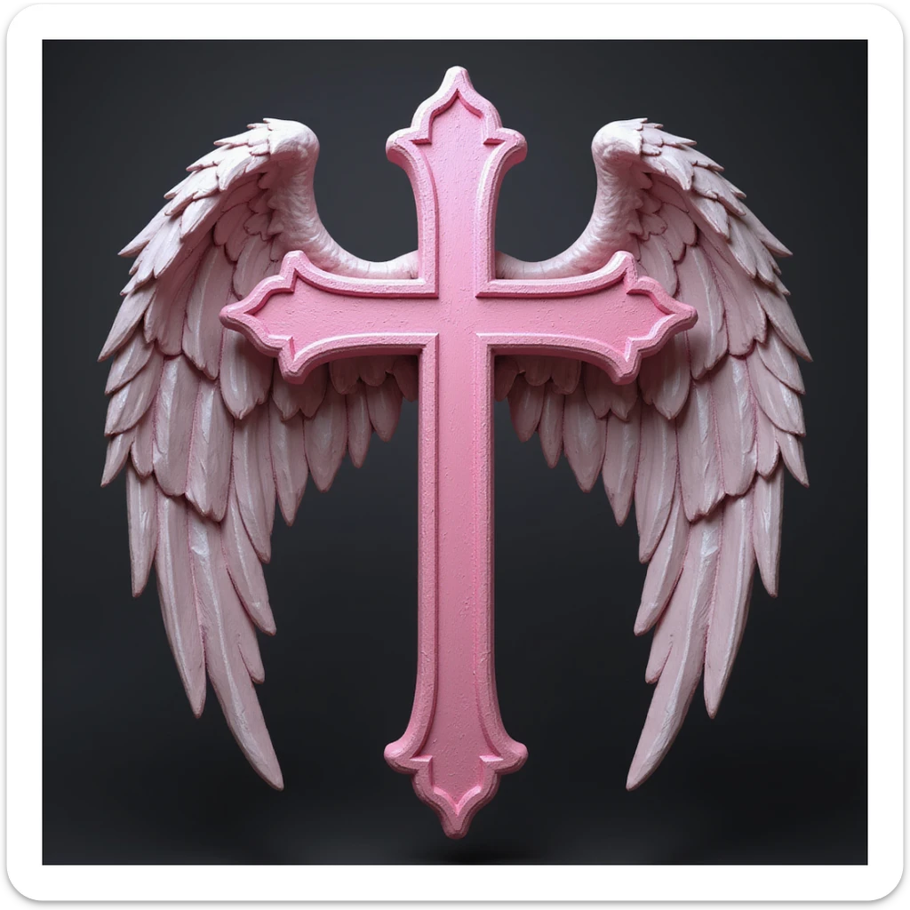 realistic gothic cross, pink with angel wings, photorealistic style, no background sticker