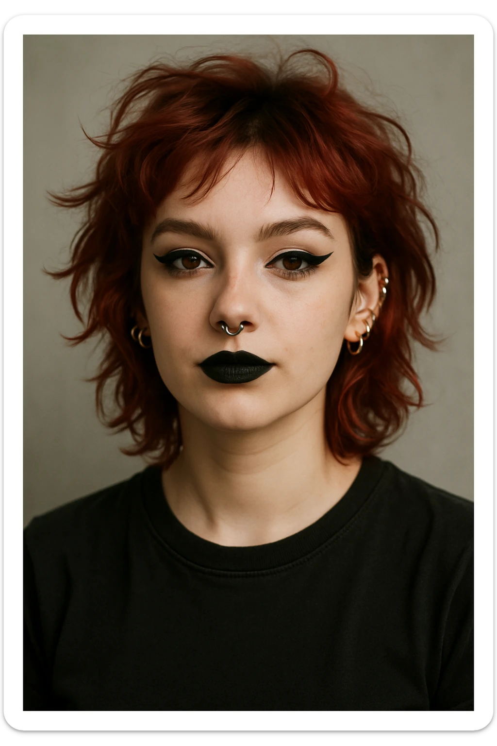 A fair-skinned girl, messy cherry red hair, black t-shirt, dramatic eyeliner, black lipstick, septum and several ear piercings, confident expression. sticker