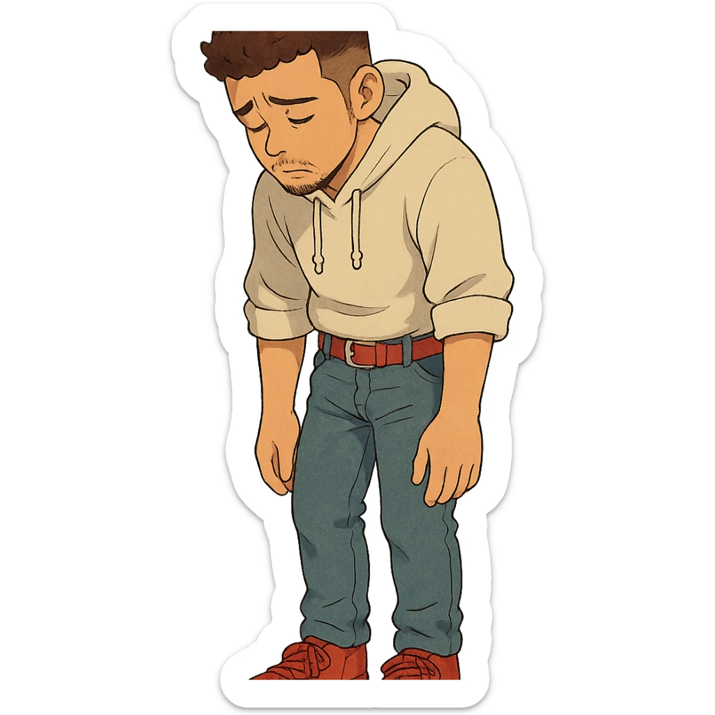 1 male, mid fade haircut dark chestnut brown curly hair, toasted lightskin, white hoodie sleeves up, fashion jeans, red fashion-sneakers shoes, red belt, short trimmed beard and goatee,  style of deku from "my hero academia", doing a "sad" pose sticker