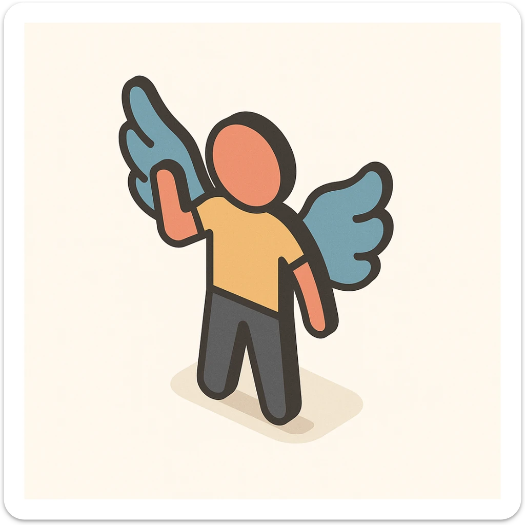 silhouette of a person with wings, symbolizing inner freedom and overcoming limitations, 2D isometric style, simple shape, clear shadows and highlights sticker