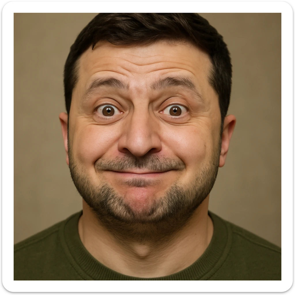 photorealistic emoji style portrait of Zelensky, round face, slightly goofy expression sticker