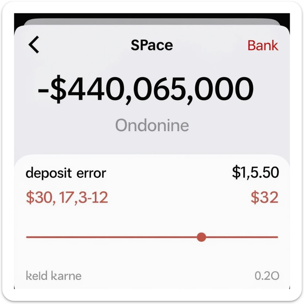 a iphone screenshot showing a SPACE bank balance of -$420,069,000, "deposit error" the numbers are shown in red, indicating a negative balance sticker