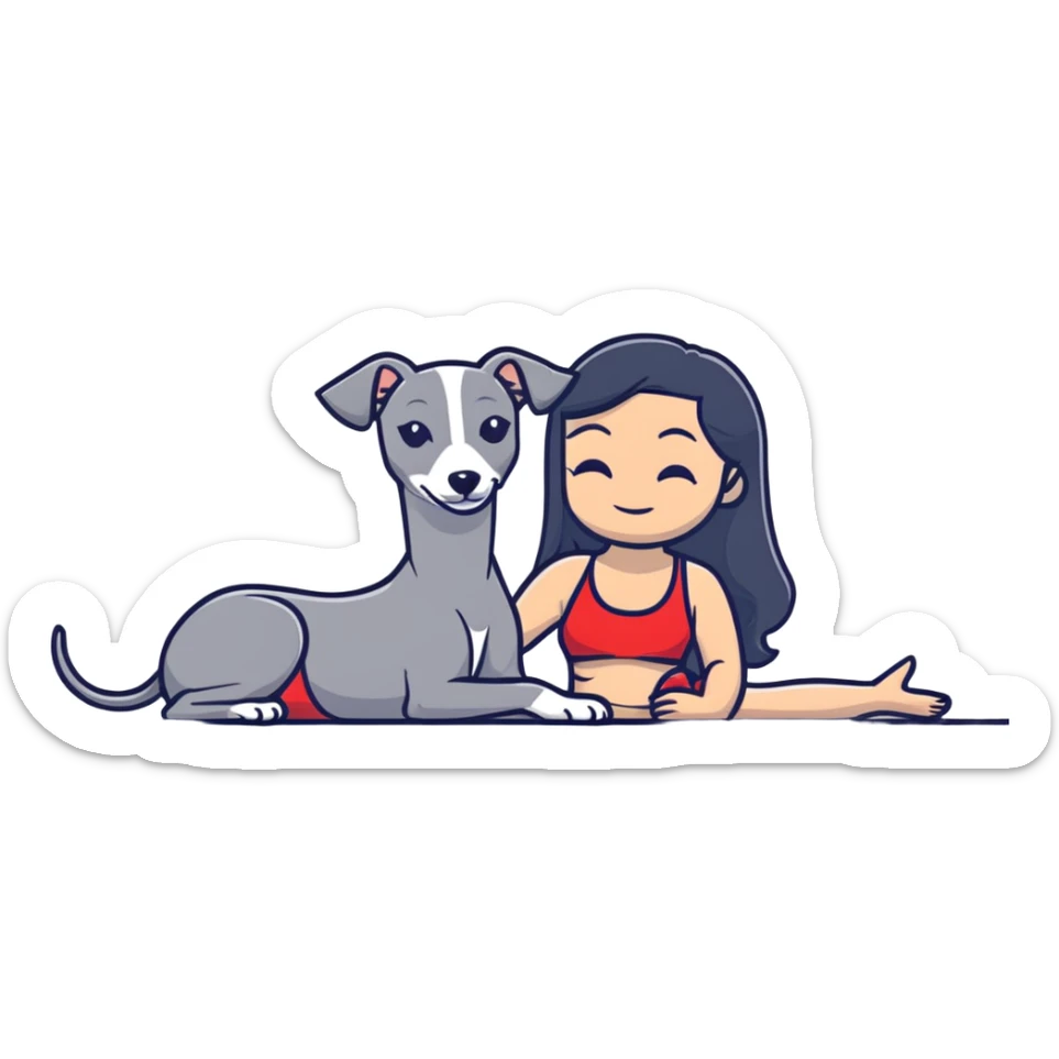 Slim Chinese woman with long black hair in appropriate pool attire relaxing by a swimming pool with her Italian greyhound that is COMPLETELY solid grey, with absolutely NO white markings anywhere, single uniform grey color throughout entire dog body sticker