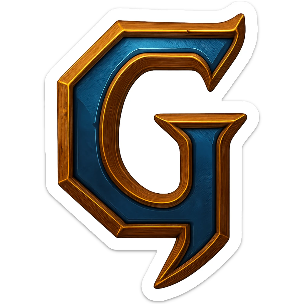 Add Warcraft-inspired colors to the icon of the letter G in LifeCraft Font style, keeping the fantasy medieval look, no background. Maintain the fantasy medieval style and color palette reminiscent of Warcraft. sticker