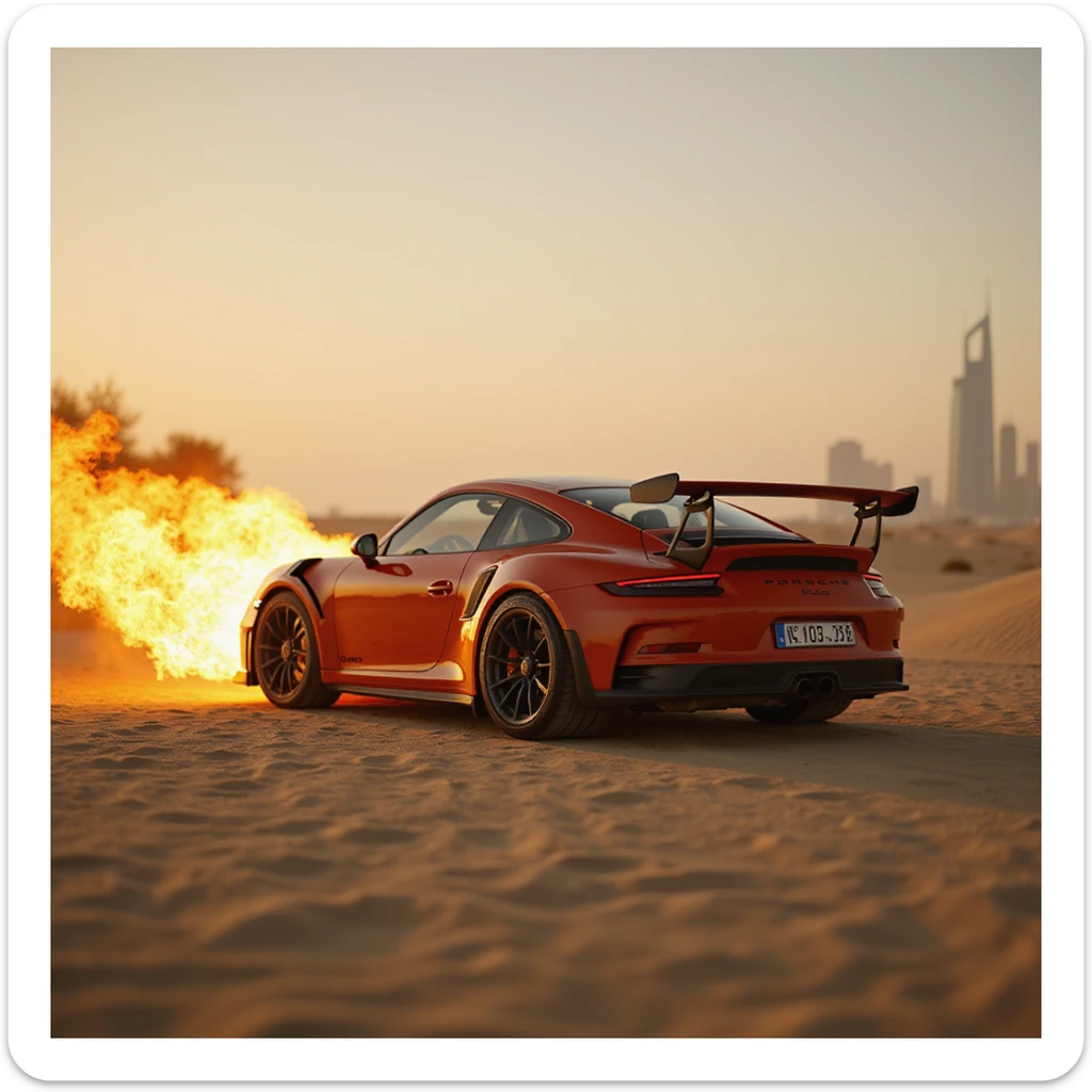 Cinematic shot, Porsche 911 gt3 rs in fire, desert, sunny day, dubai city in background sticker