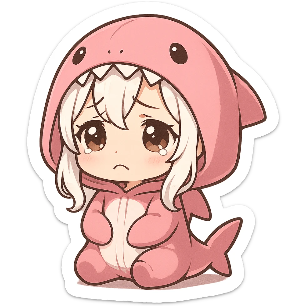 chibi style anime girl with white hair in a pink shark onesie, adorable sad face sticker