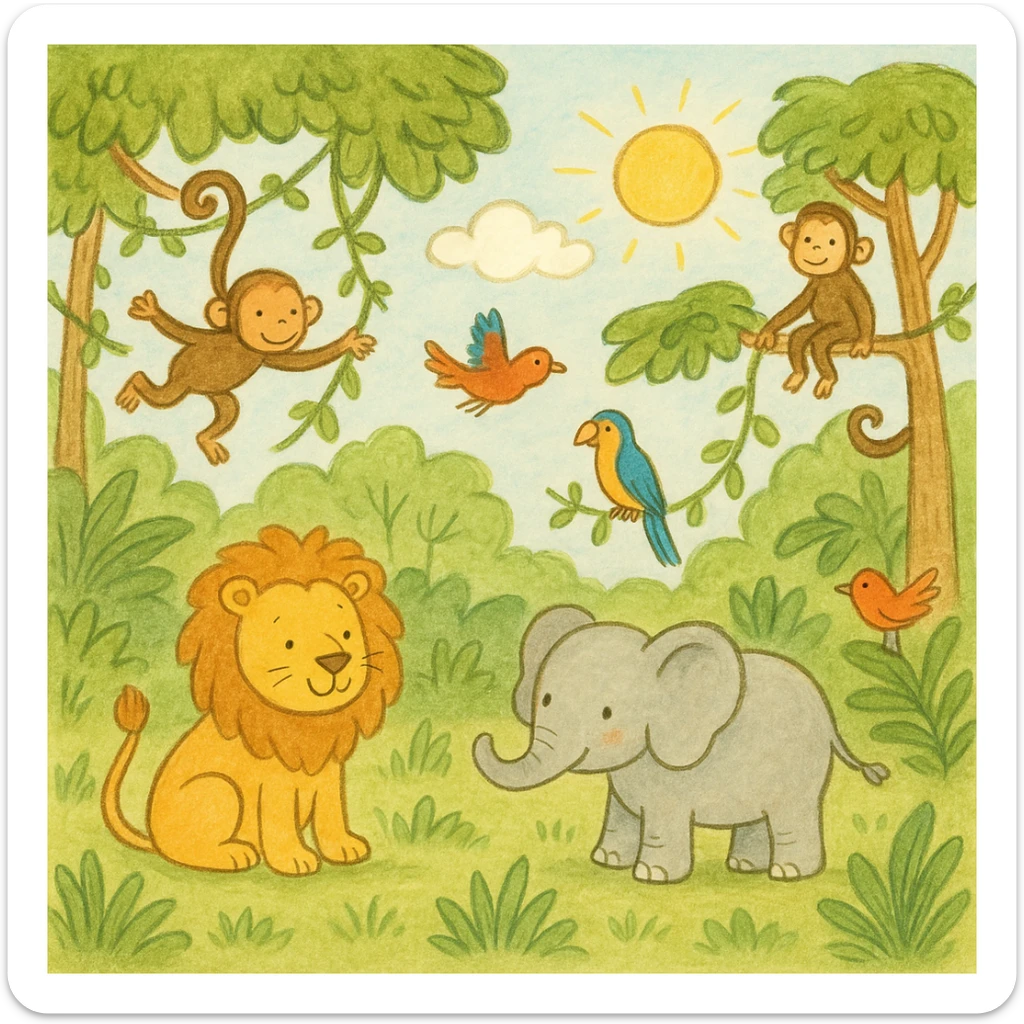 hand drawn digital illustration of jungle safari in the style of children's illustration sticker