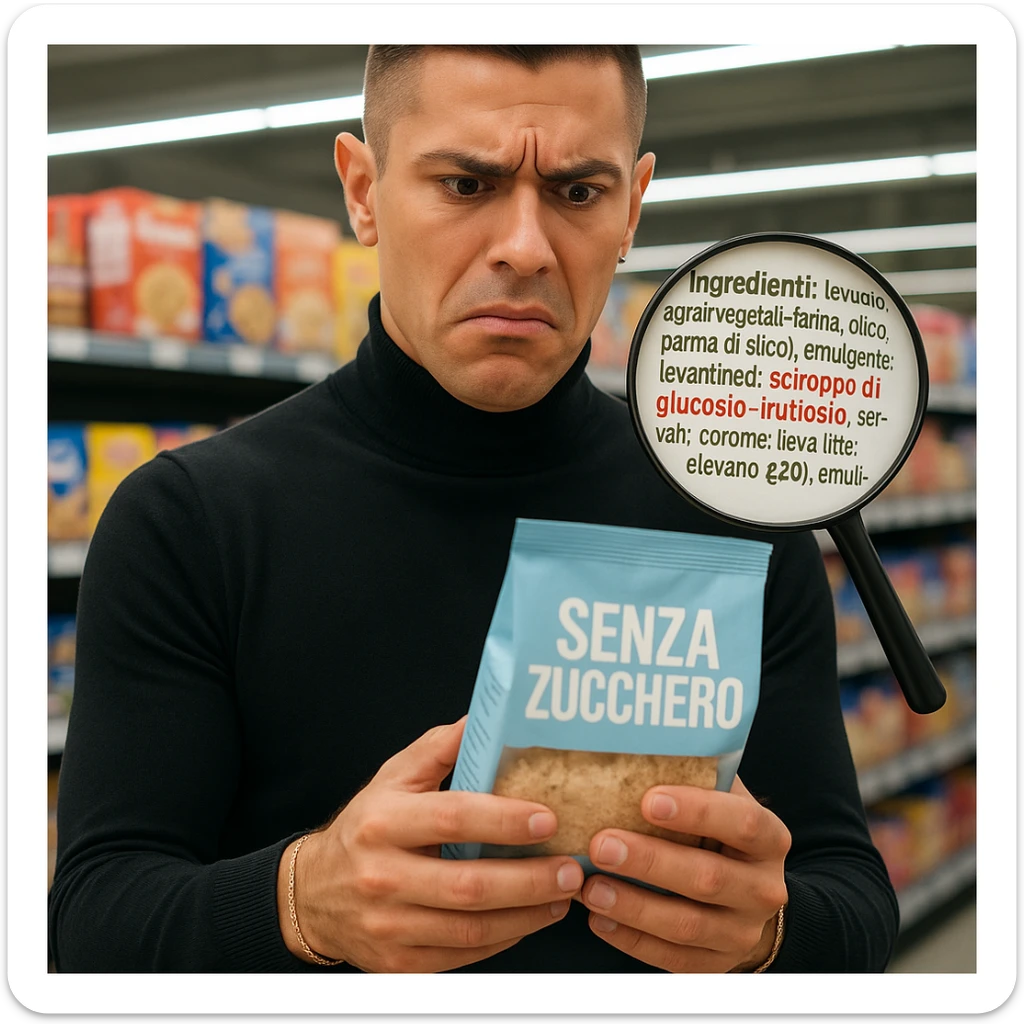 Man in supermarket, holding a 'SENZA ZUCCHERO' product, ingredient list with 'sciroppo di glucosio-fruttosio' in bold red, confused face, floating magnifying glass, hyper-realistic, harsh fluorescent lighting. Variant 5. sticker