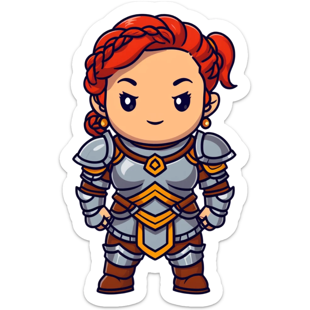 female dwarf from Lineage 2 with braided red hair, stocky build, wearing fantasy armor and jewelry sticker