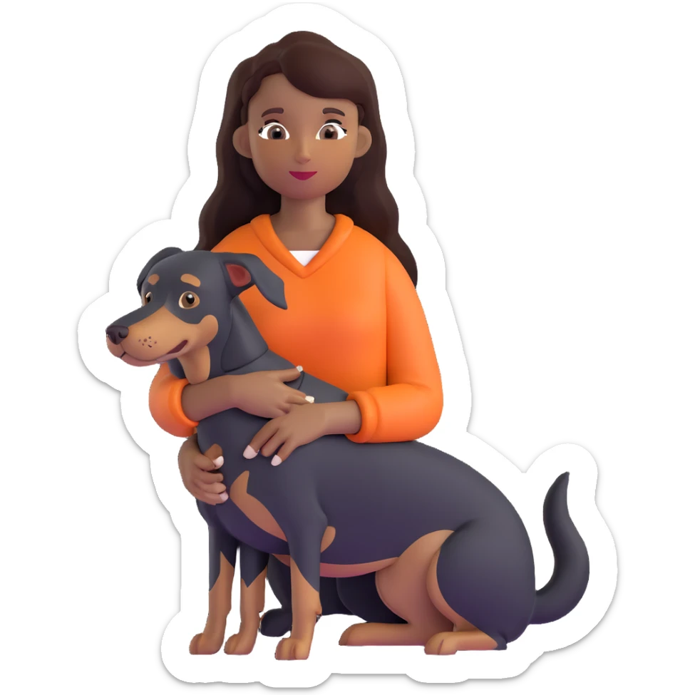 Black girl with long hair holding a Doberman dog sticker