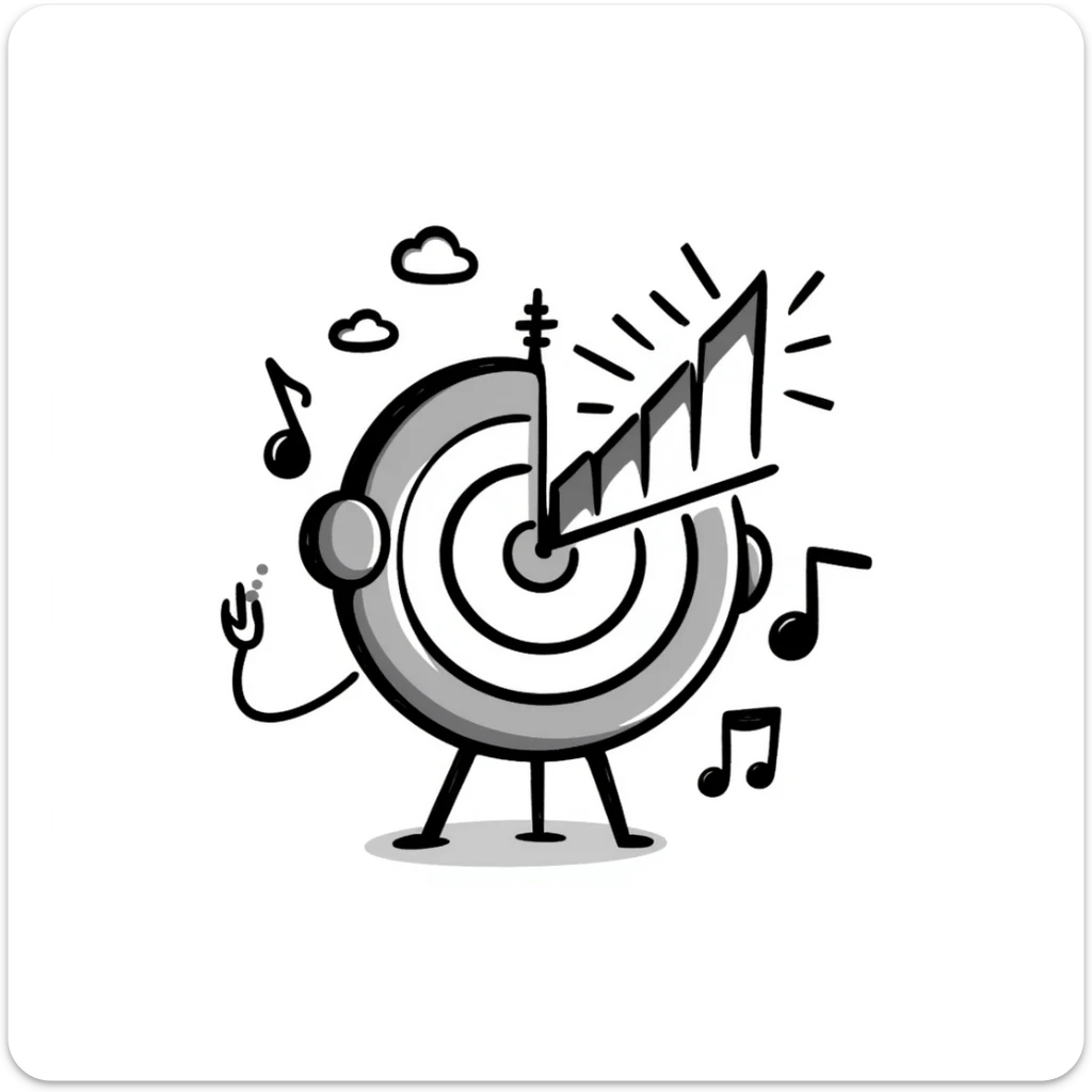 square emoji symbol of a symmetrical target with musical marketing details including headphones, musical notes, bar chart, doodle style, for online course cover sticker