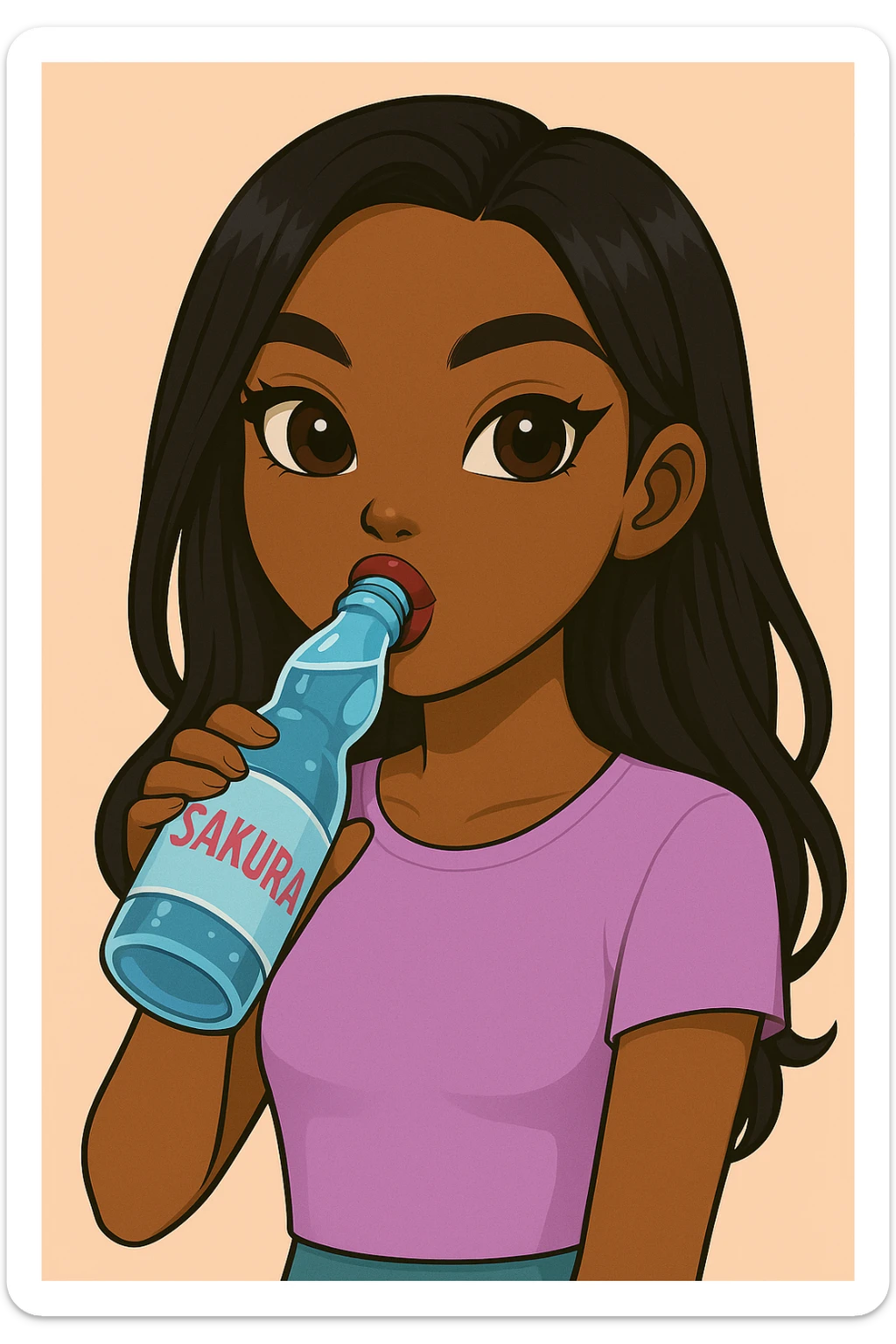 Add the word 'Sakura' to the blue Ramune soda bottle label. Headshot only of a 20-year-old anime Bratz style woman with dark skin, straight hair, trendy outfit, big expressive eyes, glossy lips, no hat, no tears, happy expression, both eyes open, looking straight ahead, drinking blue Ramune soda from the classic glass bottle. sticker