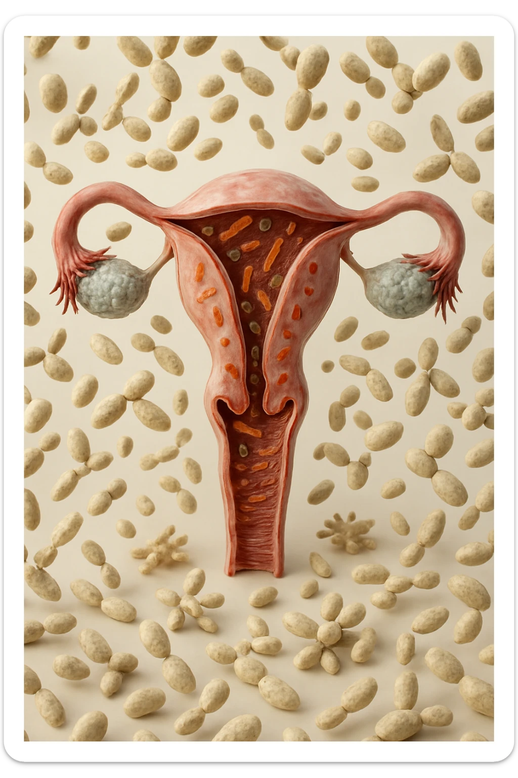 utero umano realistico con batteri della candida intorno, la foto si deve vedere per intero in formato verticale, sullo sfondo neutro chiaro ci sono batteri della candida, iperrealistico 4k sticker