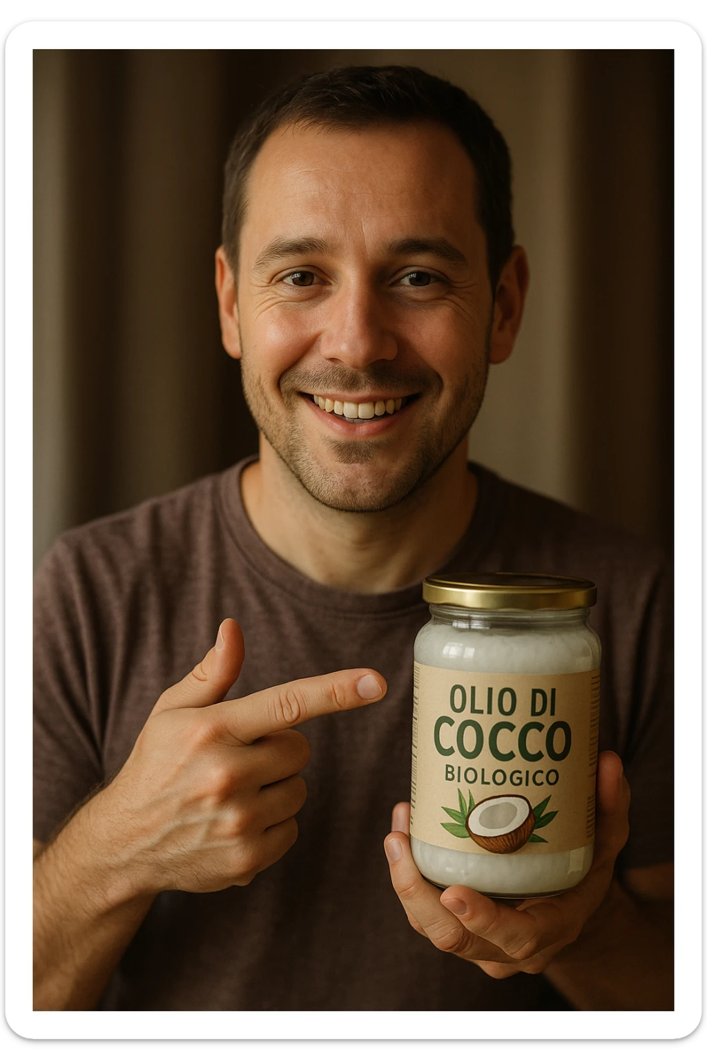 realistic and cinematic style portrait of a man pointing with satisfaction at a jar of organic coconut oil, face similar to reference photo, Italian label 'Olio di Cocco Biologico', vertical 2:3 aspect ratio, no other text sticker
