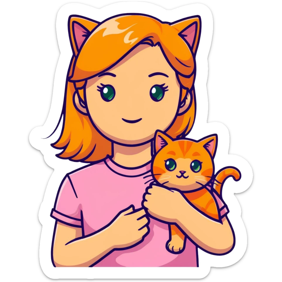 Blonde Woman with green eyes pink shirt holding an orange tabby cat sticker