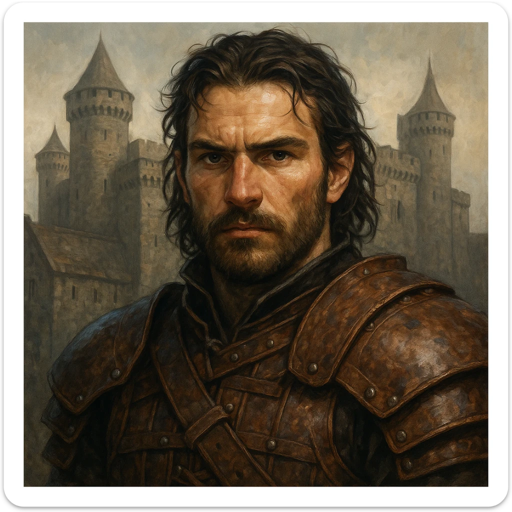 portrait of a warrior in leather armor, close-up face, direct look, medieval castle background, Game of Thrones inspired, DnD style, ArtStation quality, detailed illustration sticker