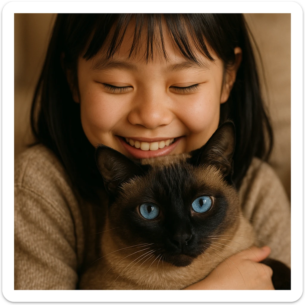 Smiling Asian girl cuddling her dark Siamese cat, cat with blue eyes, close-up, heartwarming scene sticker